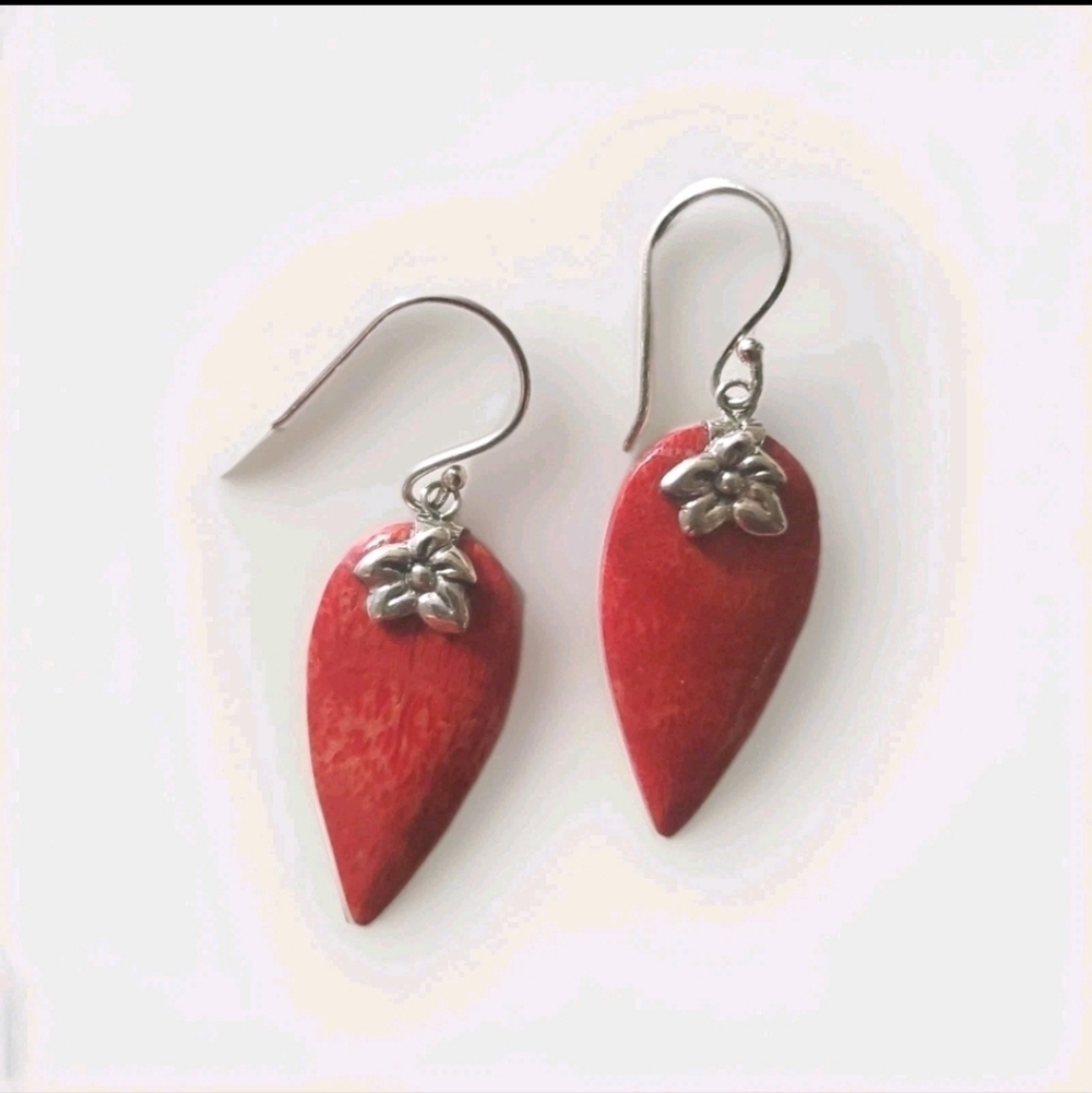 Sterling Silver Dangle Earrings Mediterranean Red Sponge Coral Flower